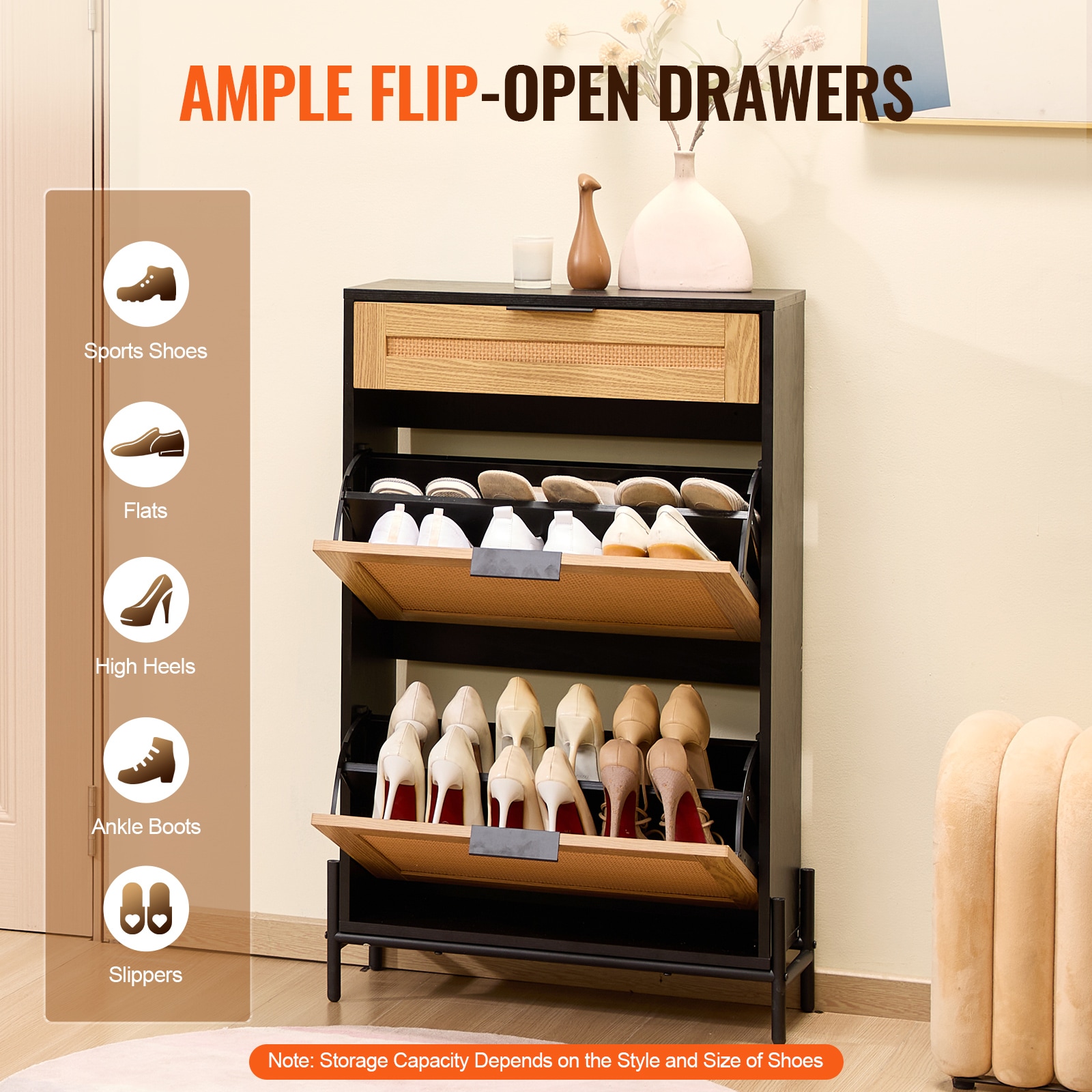 Rattan Shoe Cabinet, Narrow Shoe Storage Organizer With 2 Flip Rattan Drawers & 1 Slide Drawer, Metal Legs, Slim Shoe Entryway Cabinet Ideal For Entryway, Closet, Hallway, Black_maomaolike.com